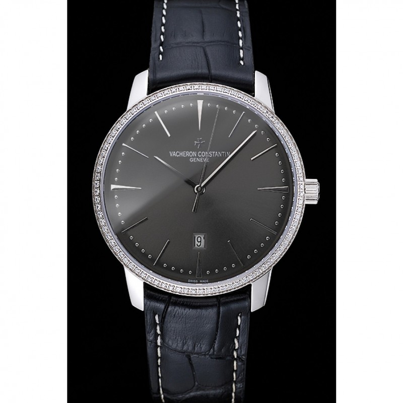 Swiss Vacheron Constantin Patrimony Grey Dial Silver Diamonds Case Black Leather Bracelet 1454163-1