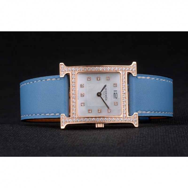Hermes Heure H Rose Gold Diamond Encrusted Bezel Blue Leather Strap White Dial 80238-4