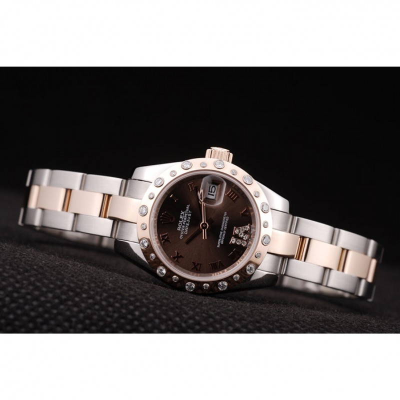 Rolex DateJust Brushed Stainless Steel Case Brown Dial Diamond Plated-4