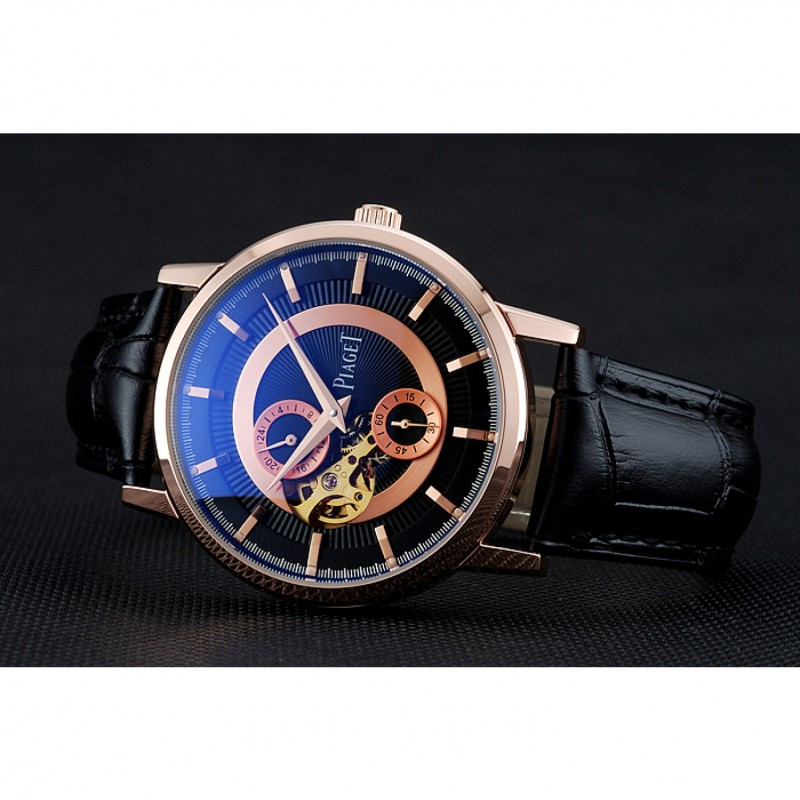 High Quality Replica Watches Piaget Altiplano Chronograph Black Dial Gold Case Black Leather Bracelet 1454047-4
