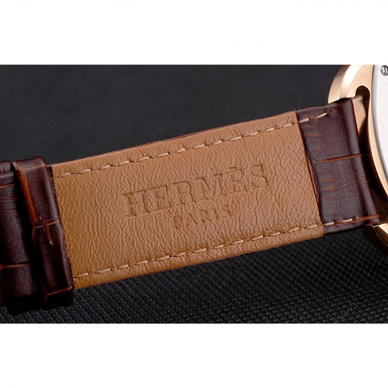 Hermes Dressage White Dial Rose Gold Case Brown Leather Strap-7