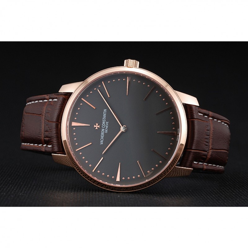 Swiss Vacheron Constantin Patrimony Grey Dial Rose Gold Case Brown Leather Bracelet 1454166-3