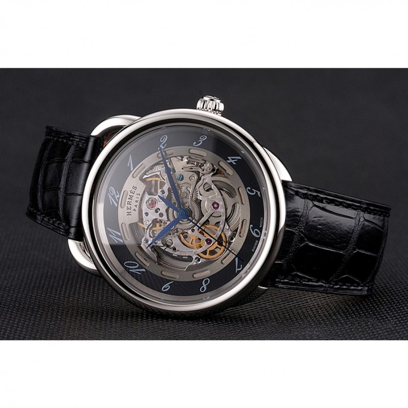 Swiss Hermes Arceau Skeleton Black Dial Blue Hands Stainless Steel Case Black Leather Strap-3