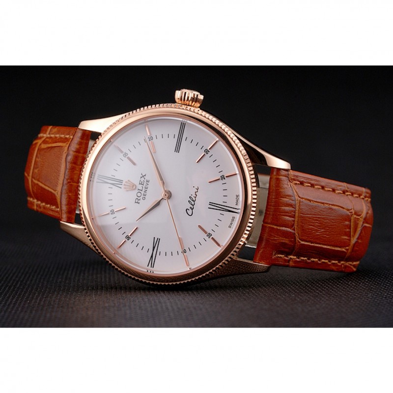 Cheap Swiss Rolex Cellini White Dial Roman Numerals Rose Gold Case Light Brown Leather Strap-3