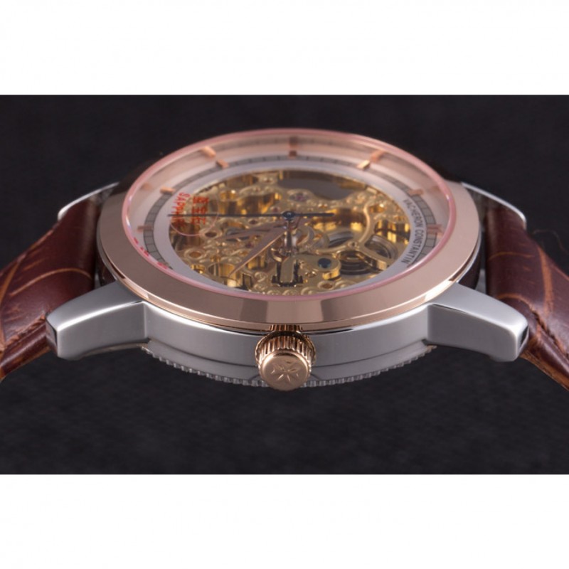 Vacheron Constantin White Skeleton Watch with Rose Gold Bezel and Brown Leather Strap 621539-5