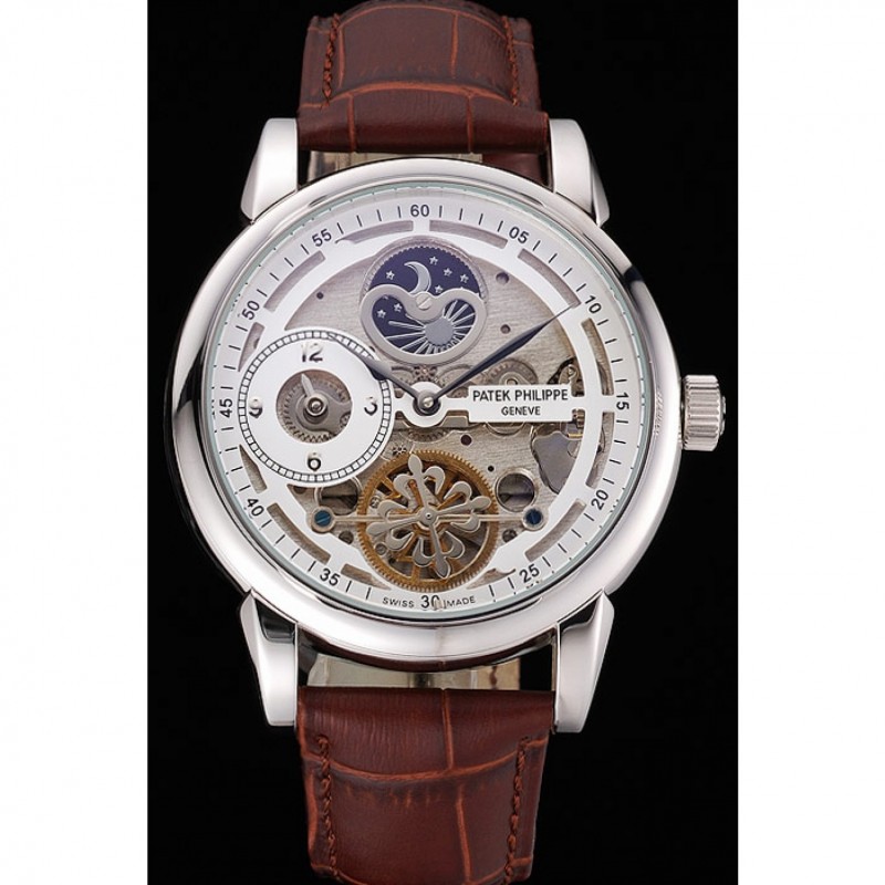 Patek Philippe Dual Time Moonphase Tourbillon White Skeletonised Dial Stainless Steel Case Brown Leather Strap-1