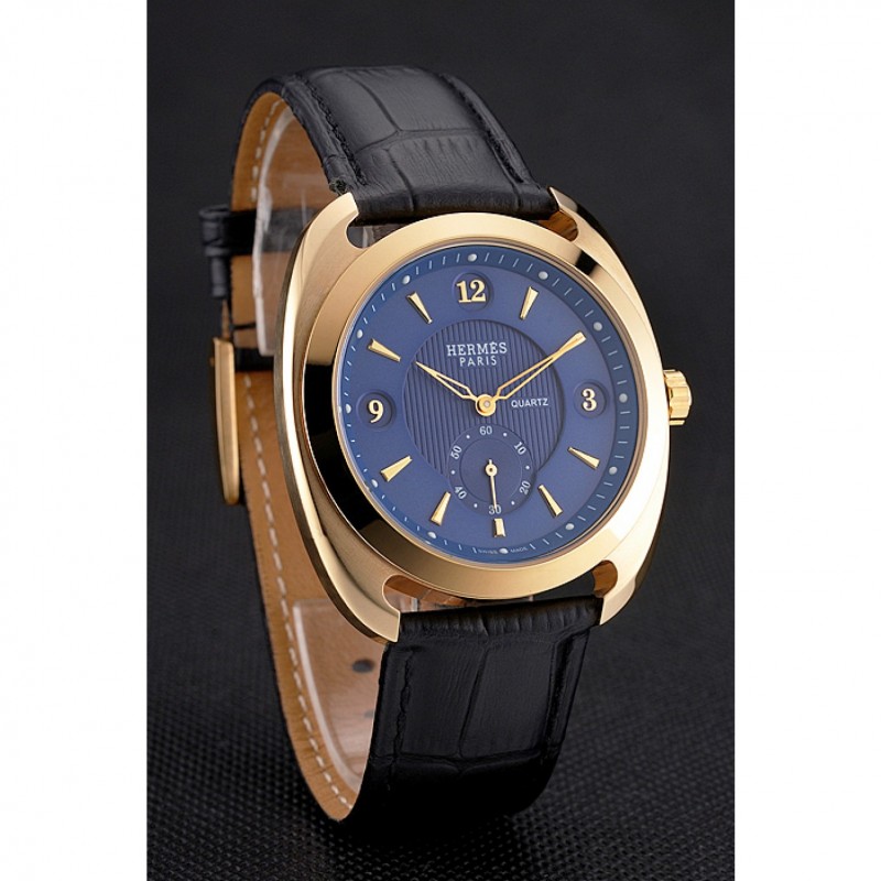 Hermes Dressage Blue Dial Gold Case Black Leather Strap-2