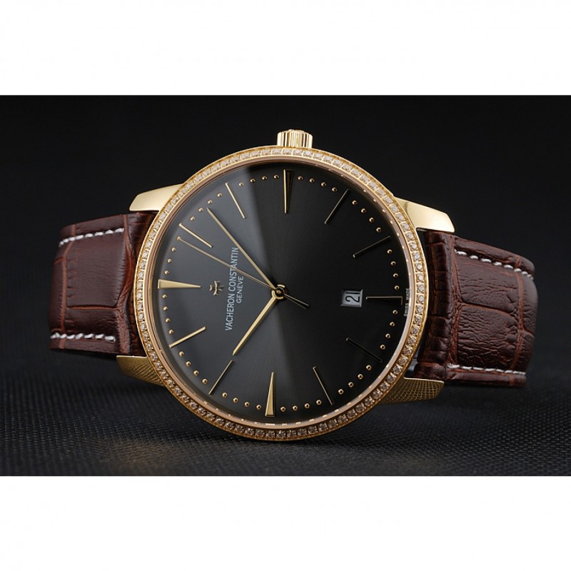 Swiss Vacheron Constantin Patrimony Grey Dial Gold Diamonds Case Brown Leather Bracelet 1454182-3