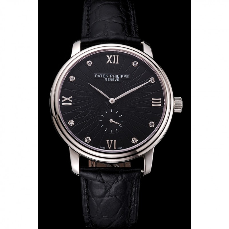 High End Patek Philippe Calatrava Dark Gray Dial Stainless Steel Case Black Leather Strap-1