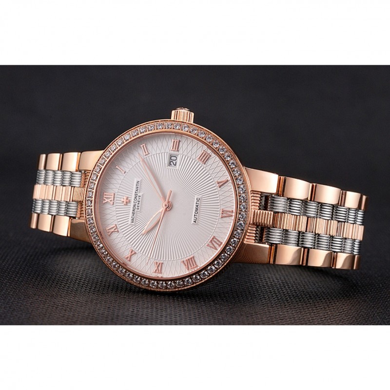 Swiss Vacheron Constantin Traditionnelle White Dial Diamond Bezel Rose Gold Case Two Tone Bracelet-4