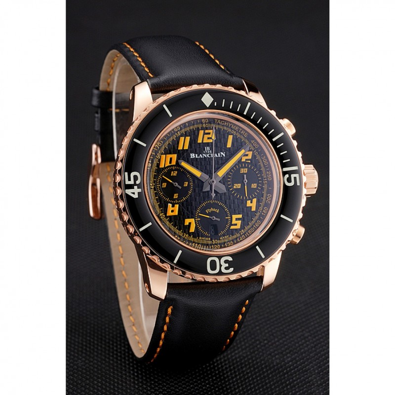 Swiss Blancpain Fifty Fathoms Flyback Chronograp Carbon Fiber Dial Rose Gold Case Black Leather Strap-2
