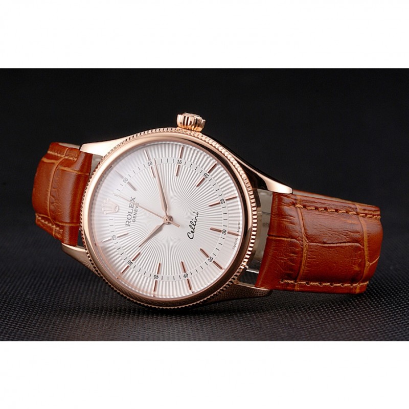 Swiss Rolex Cellini White Dial Rose Gold Case Brown Leather Strap-3