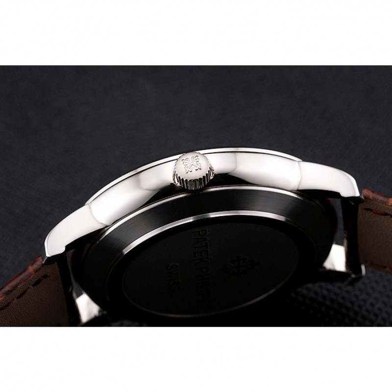 Cheap Patek Philippe Calatrava Date White Embossed Dial Stainless Steel Case Brown Leather Strap-8