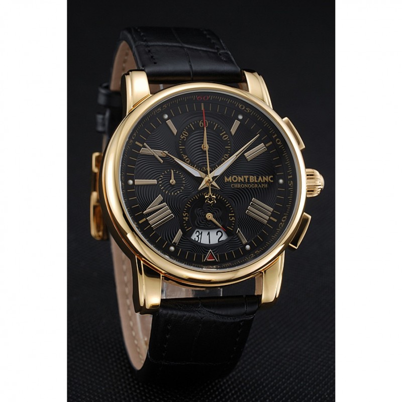 Montblanc Chronograph Black Dial Black Leather Bracelet Gold Case 1454112-2