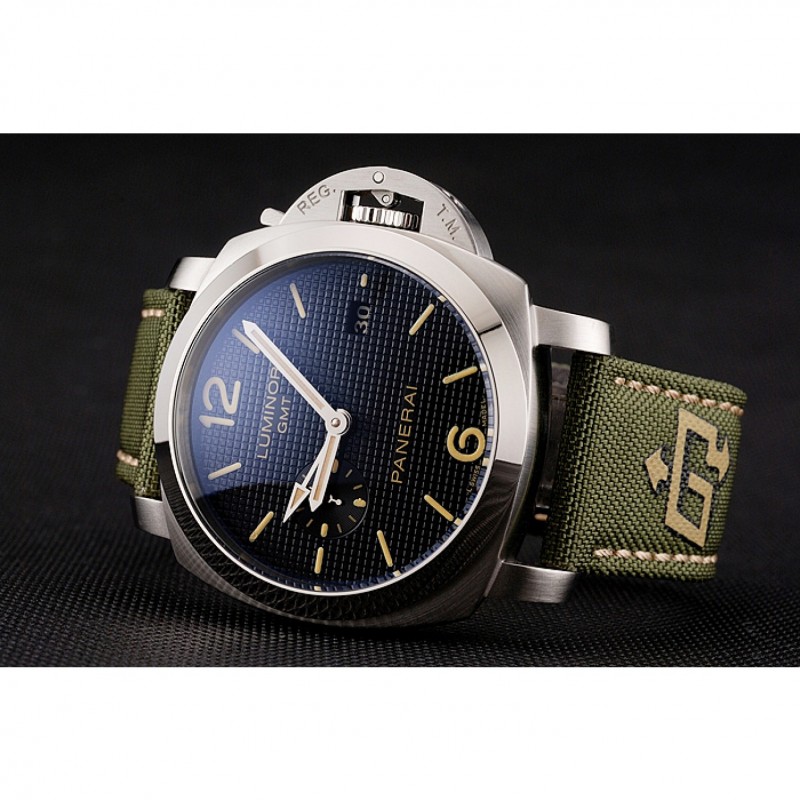 High Quality Panerai Luminor 1950 3-Days GMT Silver Case Black Dial Green Bracelet 1454016-3