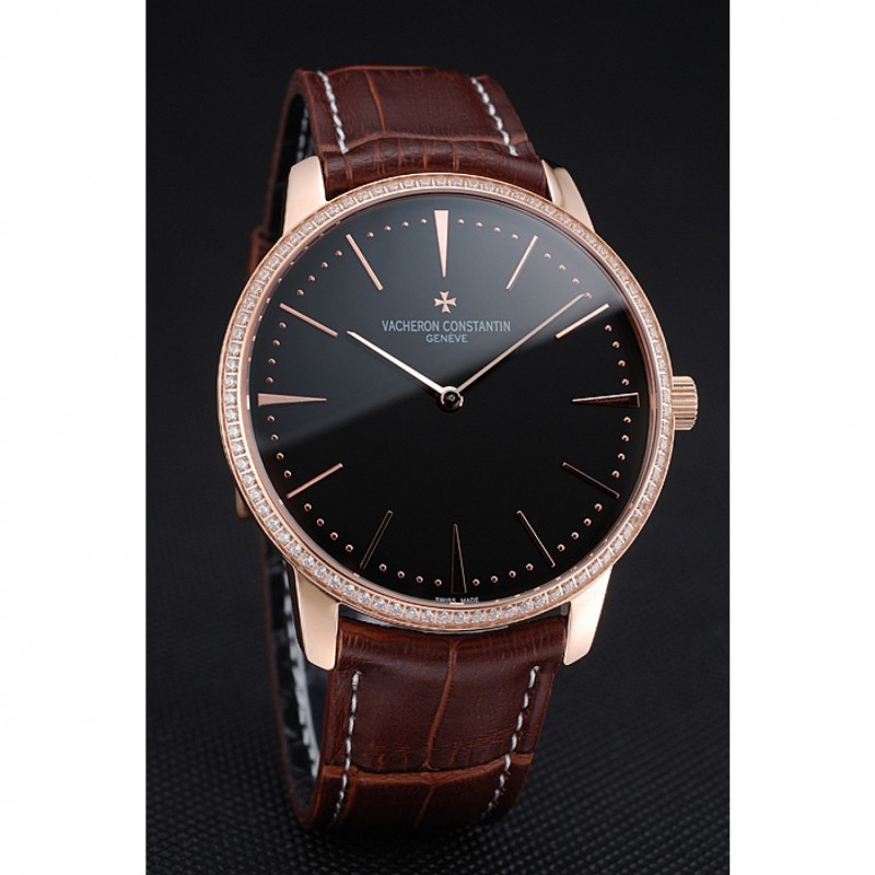 Swiss Vacheron Constantin Patrimony Grand Taille Black Dial Rose Gold Diamonds Case Brown Leather Bracelet 1454174-2