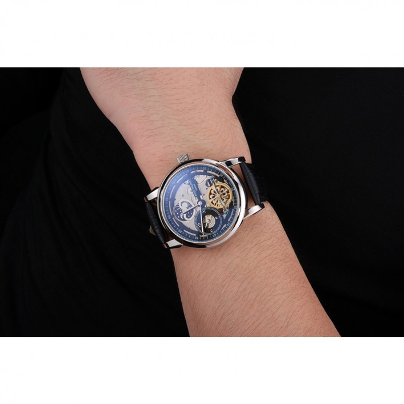 Patek Philippe Dual Time Moonphase Tourbillon Black Skeletonised Dial Stainless Steel Case Black Leather Strap-7