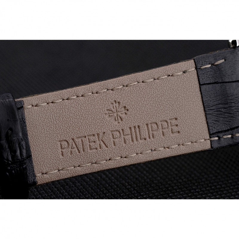 Patek Philippe Calatrava White Dial Roman Numerals Ribbed Bezel Stainless Steel Case Black Leather Strap-6