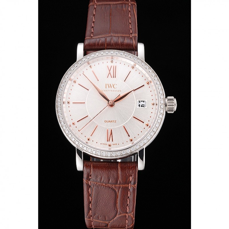 IWC Portofino Silver Dial Stainless Steel Case Diamonds Bezel Brown Leather Strap-1