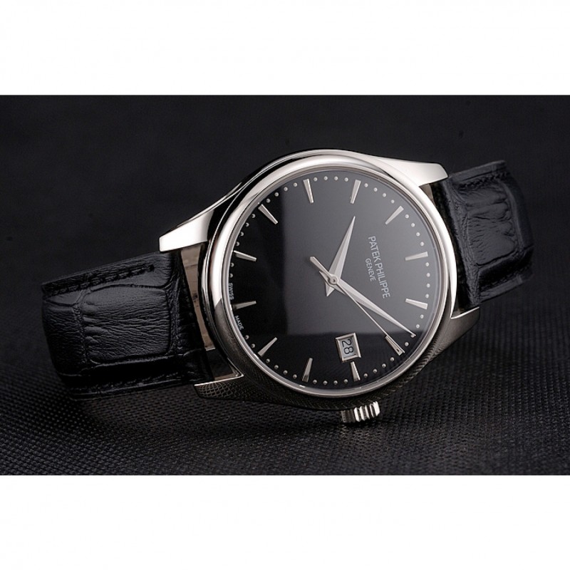 Swiss Patek Philippe Calatrava Black Dial Stainless Steel Case Black Leather Strap-4