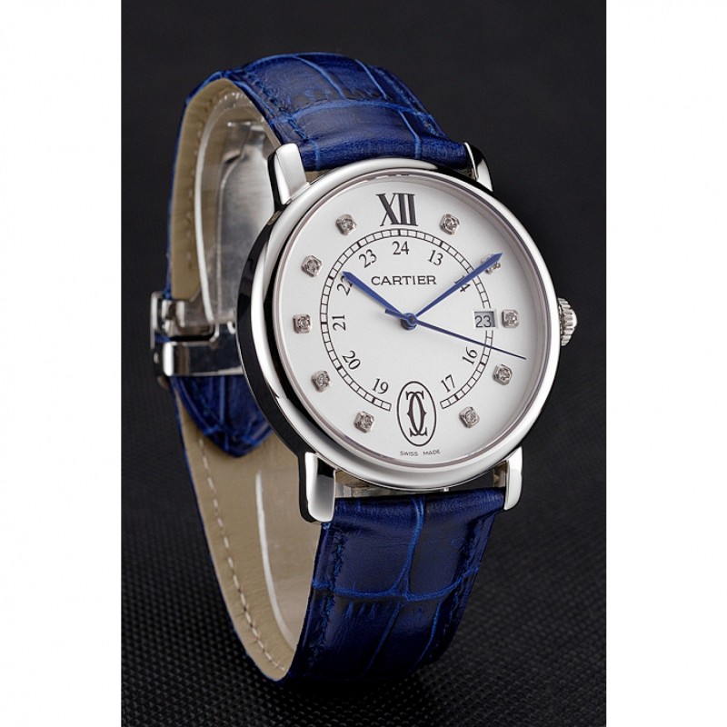 Cartier Ronde Solo White Dial Diamond Hour Marks Stainless Steel Case Blue Leather Strap-2