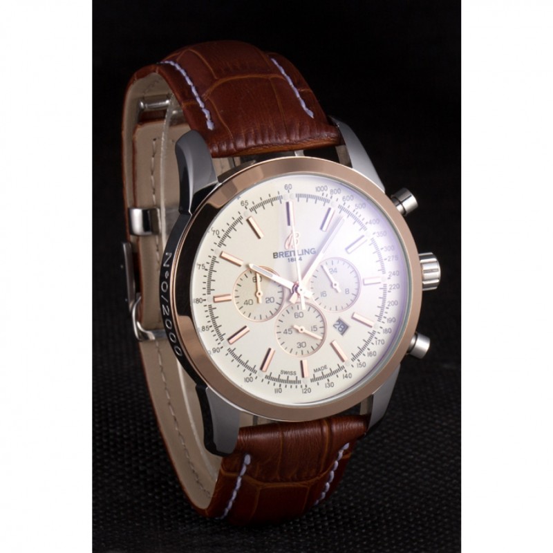 Breitling Transocean White Dial Light Brown Leather Strap Rose Gold Bezel-2
