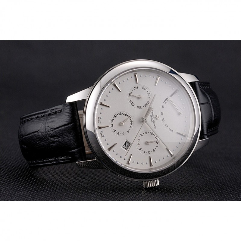 Swiss Vacheron Constantin Traditionnelle Power Reserve White Dial Stainless Steel Case Black Leather Strap-4