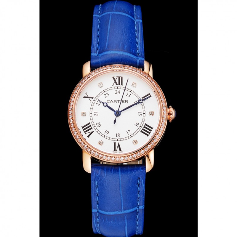Cartier Ronde White Dial Diamond Bezel Rose Gold Case Blue Leather Strap-1