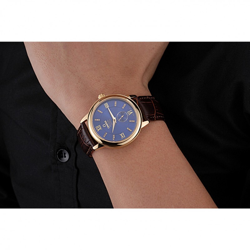 Omega DeVille Prestige Small Seconds Blue Dial Gold Case Brown Leather Bracelet 622601-7