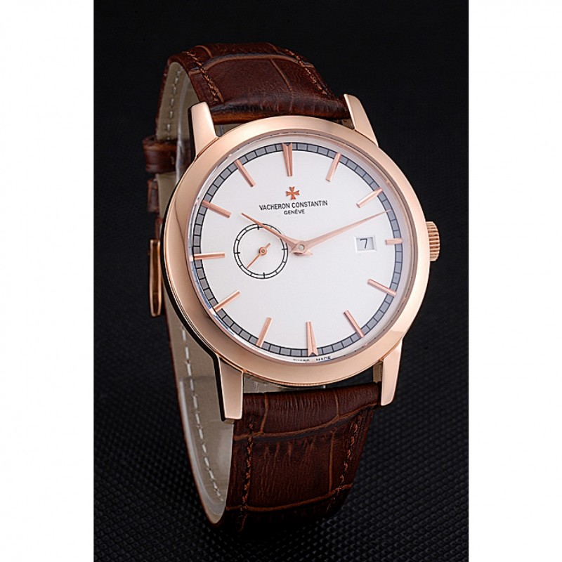 Swiss Vacheron Constantin Patrimony Contemporaine Rose Gold Case White Dial Brown Leather Bracelet 622680-2