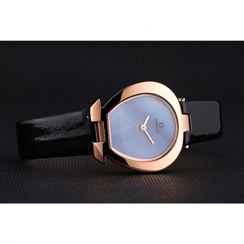 Omega Ladies Watch Sky Blue Dial Gold Case Black Leather Strap 622821-4