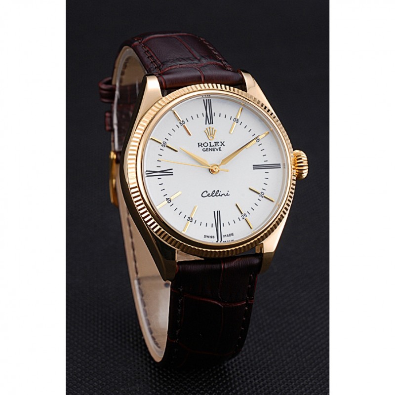 Rolex Cellini White Dial Gold Case Brown Leather Strap 622833-2