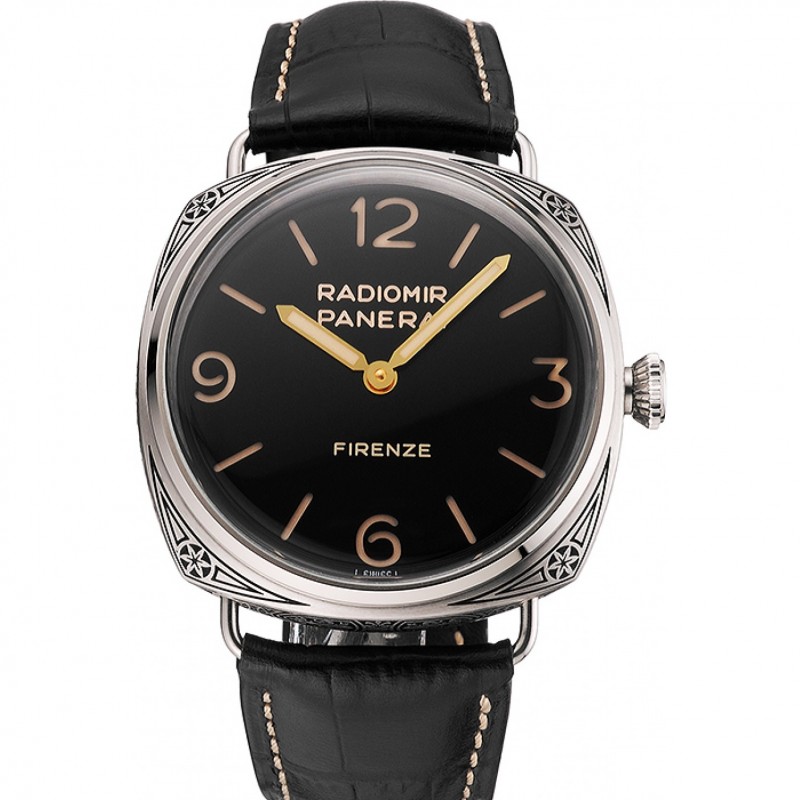 SS Replica Watches Panerai Radiomir Firenze 3 Days Acciaio PAM604 Black Dial Engraved Stainless Stell Case Black Leather Strap-0