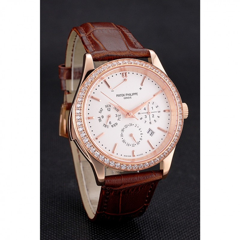 Cheap Replica Watches Swiss Patek Philippe Grand Complications Perpetual Calendar White Dial Rose Gold Case Diamond Bezel Brown Leather Strap-2