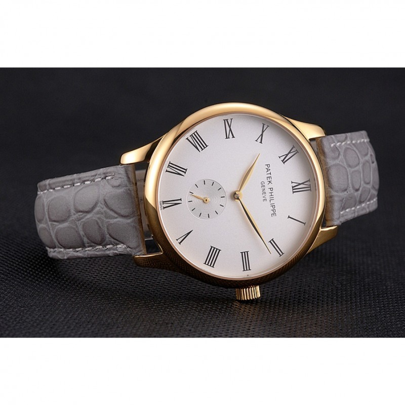 Cheap Patek Philippe Calatrava White Dial Gold Case Gray Leather Strap-3