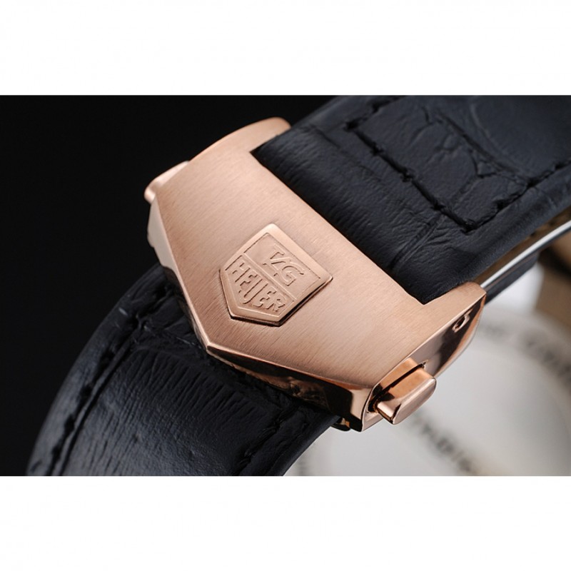 Tag Heuer Carrera Rose Gold Bezel with Black Dial and Black Leather Strap 621538-4