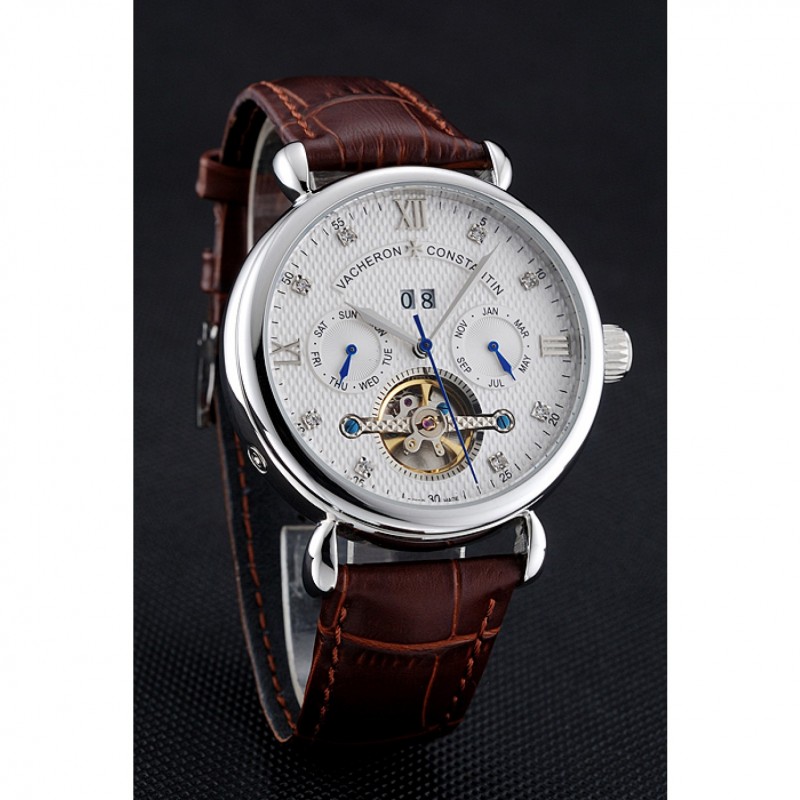 Cheap Replica Watches Vacheron Constantin Traditionnelle Tourbillon White Dial Diamond Numerals Brown Leather Bracelet 1454064-2