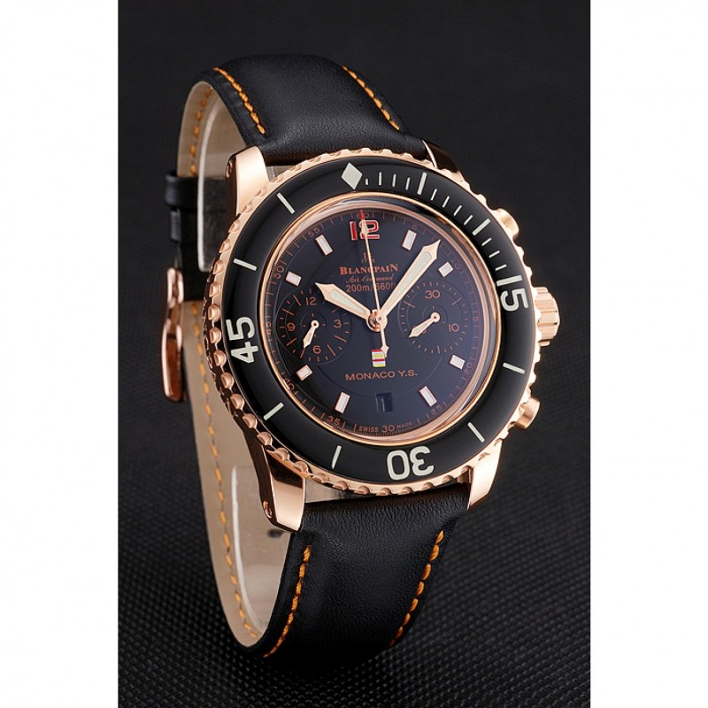 High Quality Swiss Blancpain Air Command Monaco YS Black Dial Rose Gold Case Black Leather Strap-2