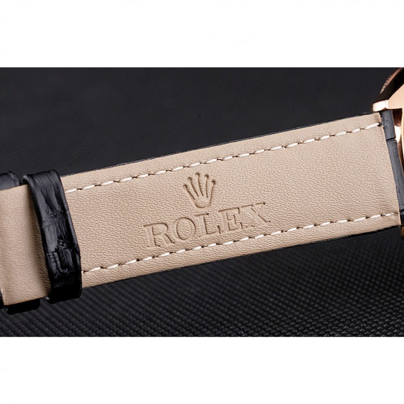 Swiss Rolex Cellini Black Dial Rose Gold Case Black Leather Strap-6