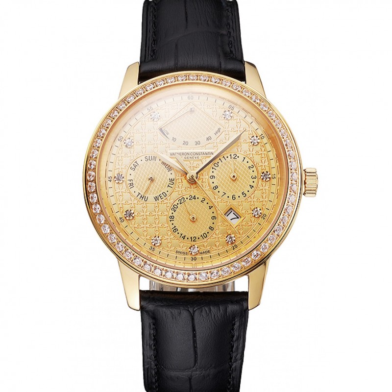 Swiss Vacheron Constantin Traditionnelle Power Reserve Gold Dial And Case Diamond Bezel Black Leather Strap-0