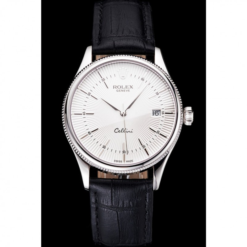 Swiss Rolex Cellini Date White Dial Stainless Steel Case Black Leather Strap-1