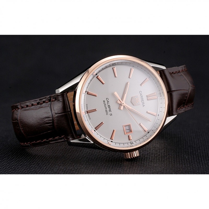 High Quality Replica Watches Swiss Tag Heuer Carrera Calibre 5 White Dial Rose Gold Case Brown Leather Strap-4