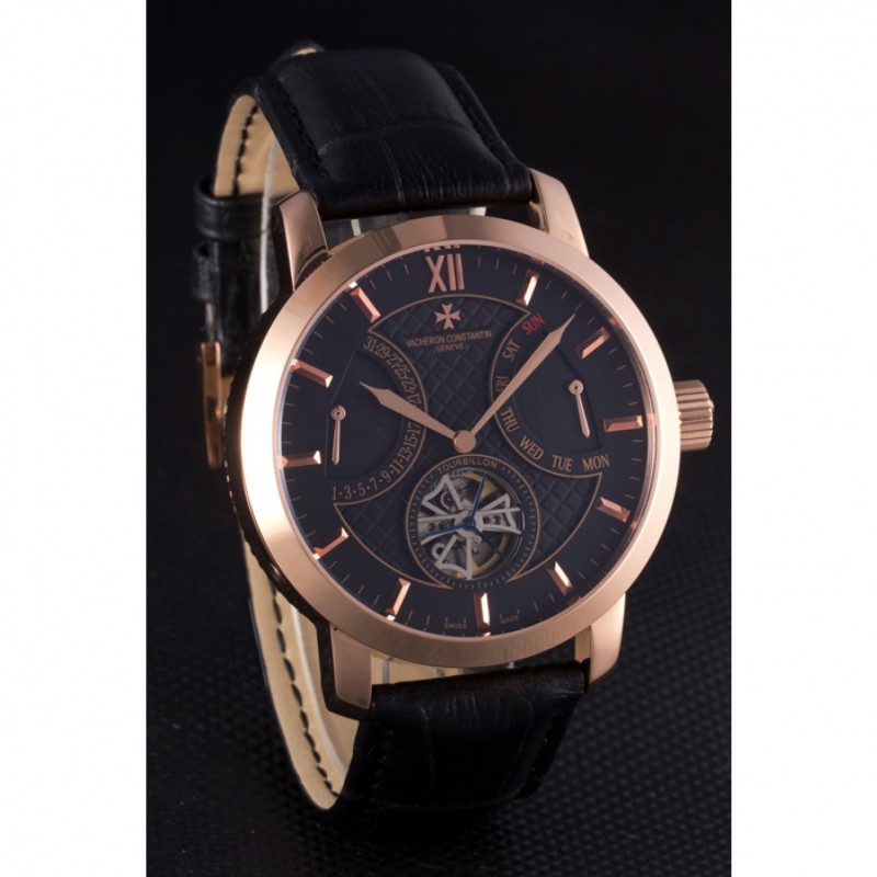 Cheap Vacheron Constantin Tourbillon Black Dial Rose Gold Case Black Leather Bracelet-2