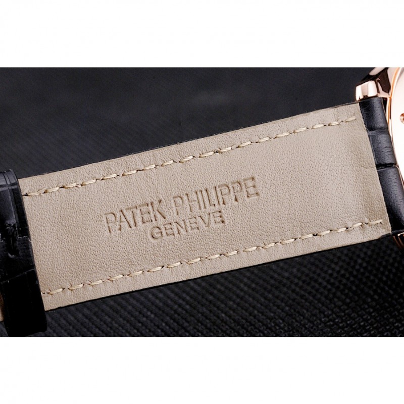 Swiss Patek Philippe Calatrava Black Dial Rose Gold Case Black Leather Strap-6