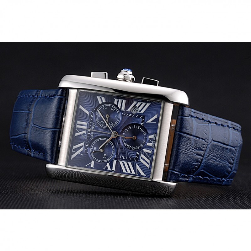 Cheap Replica Watches Cartier Tank MC Blue Dial Stainless Steel Case Blue Leather Bracelet 622691-4