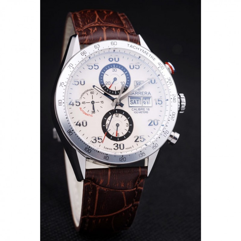 Tag Heuer Swiss Carrera Tachymeter Bezel Dark Brown Leather Strap White Dial-2