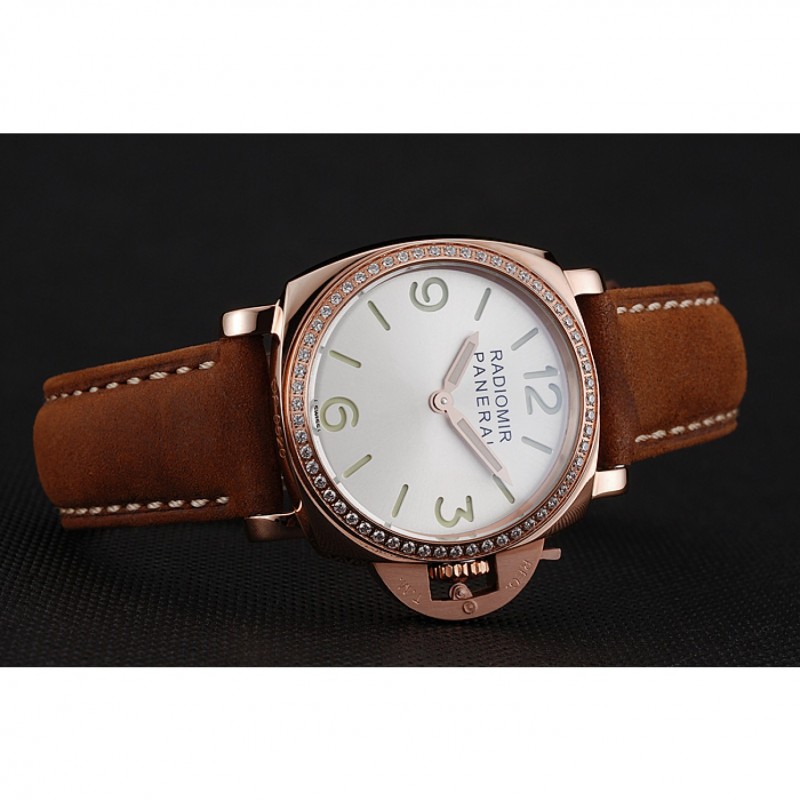AAA Panerai Radiomir White Dial Diamond Bezel Rose Gold Case Brown Suede Leather Strap 1453799-4