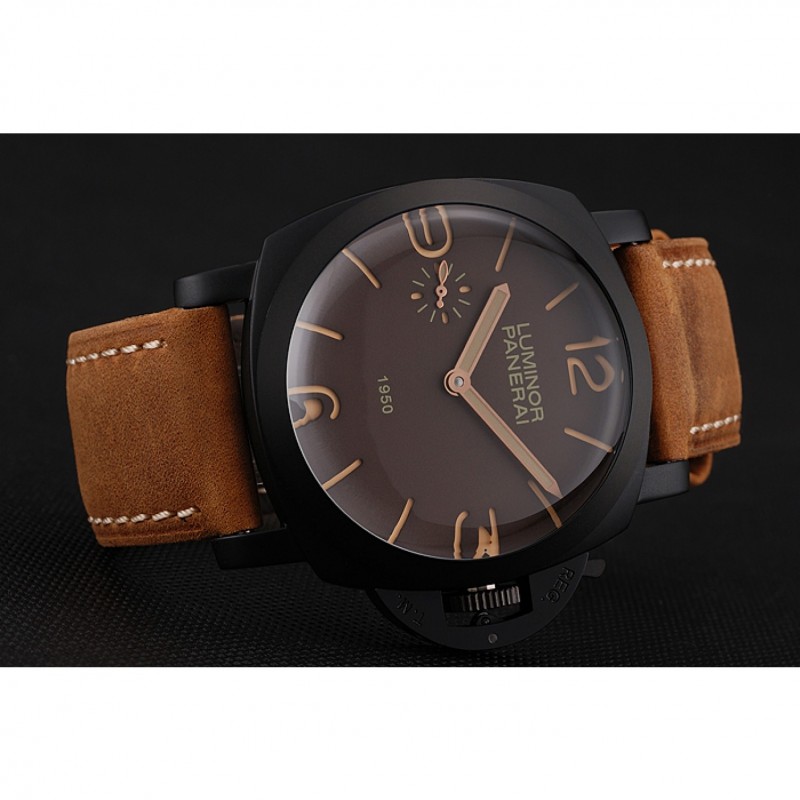 High Quality Replica Watches Swiss Panerai Luminor 1950 Brown Dial Black PVD Case Brown Suede Leather Strap 1453848-3