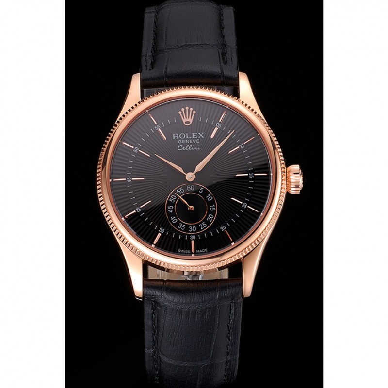 Swiss Rolex Cellini Black Dial Rose Gold Case Black Leather Strap-1