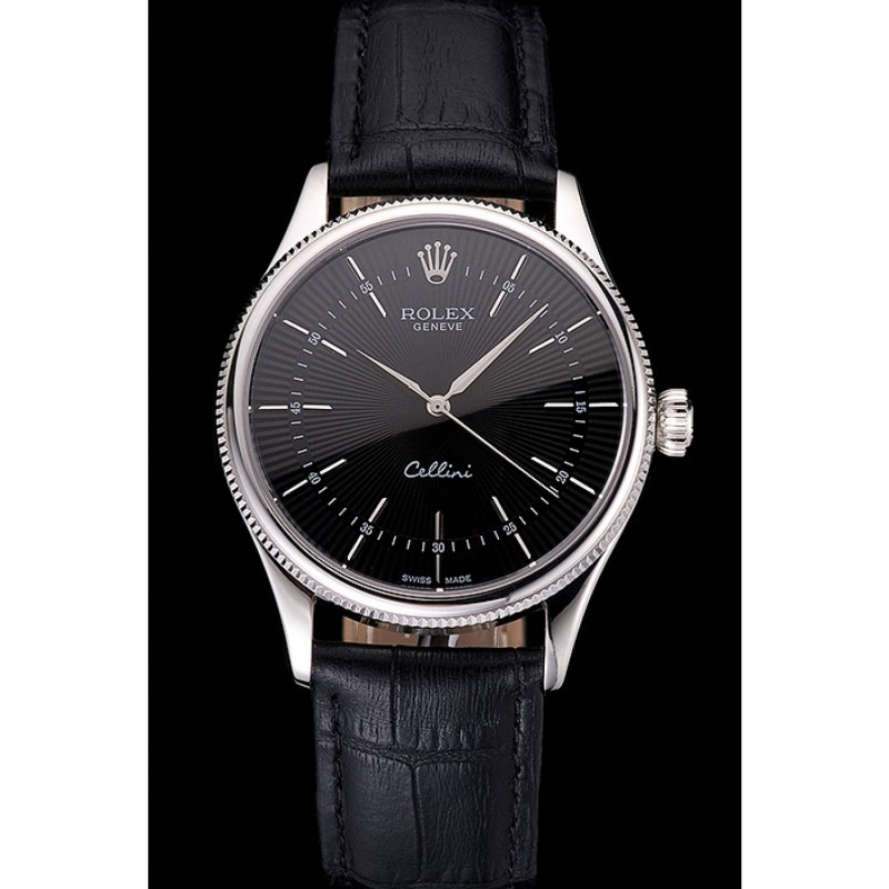 Swiss Rolex Cellini Black Dial Steel Case Black Leather Strap-1